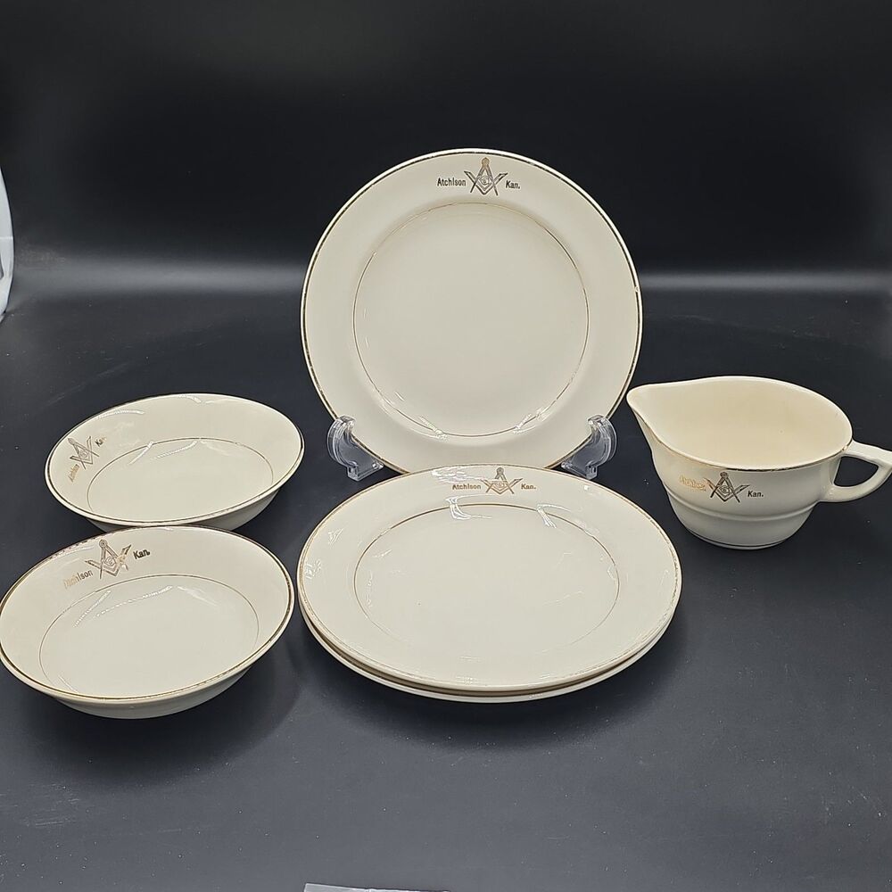 Vintage Masonic Lodge Atchison Kansas 23 Carat Gold Trim Dinnerware Set of 6 USA